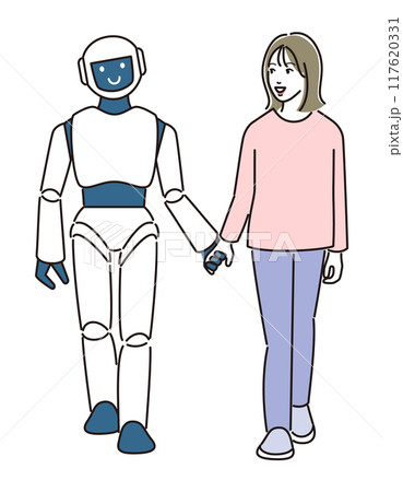 ロボットと仲良く歩く若い女性 117620331