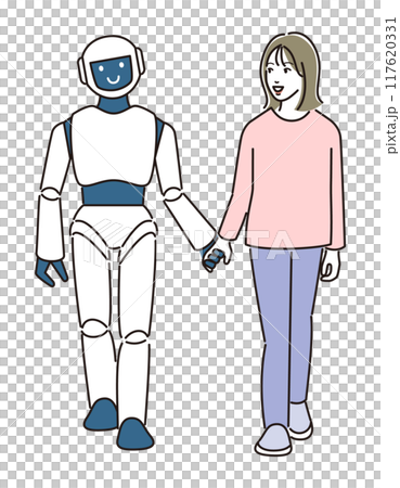 ロボットと仲良く歩く若い女性 117620331