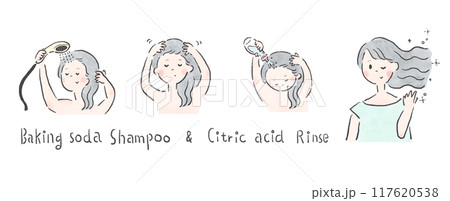 女性が重曹シャンプーとクエン酸リンスを実践している説明イラスト 117620538