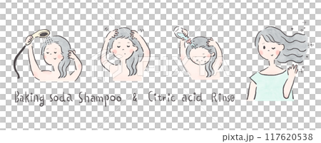 女性が重曹シャンプーとクエン酸リンスを実践している説明イラスト 117620538