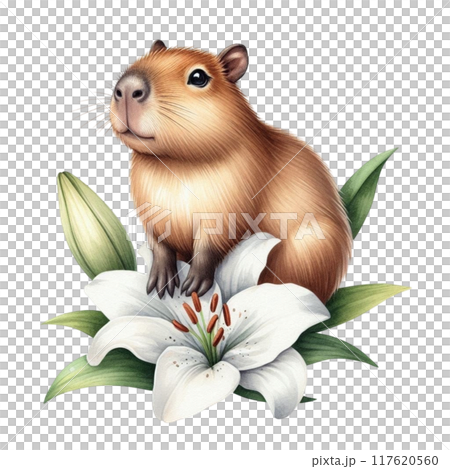 Cute capybara sitting on a lily flower 117620560