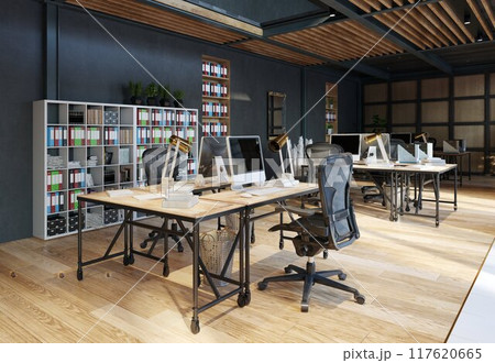 open office space with wooden floors and brick walls 117620665
