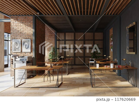 open office space with wooden floors and brick walls open office space with wooden floors and brick walls 117620669