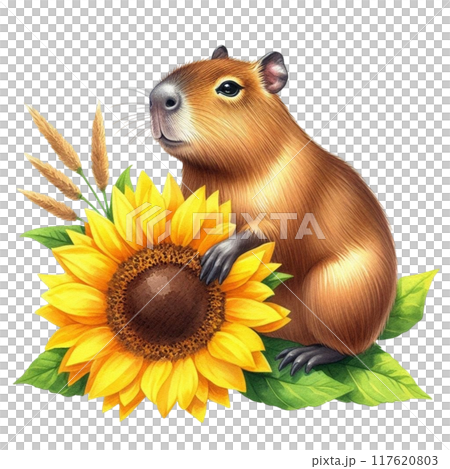 capybara sitting on a sunflower 117620803
