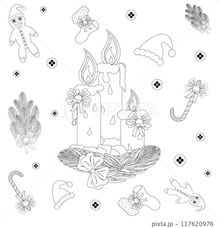 A delightful Christmas-themed coloring page featuring candles, gingerbread men, and festive decorations. Perfect for holiday creativity. A delightful Christmas-themed coloring page featuring candles, gingerbread men, and festive decorations. Perfect for holiday creativity. 117620976