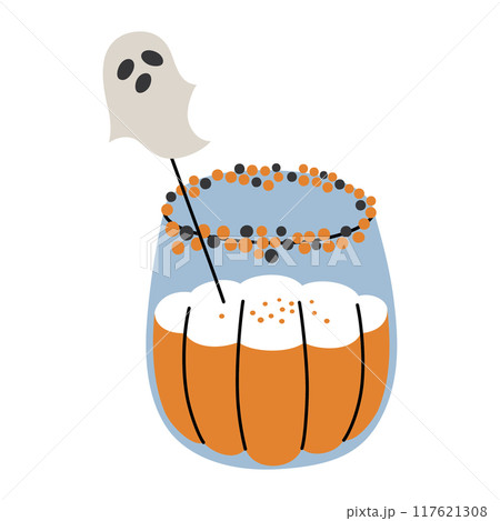 Vector illustration of Halloween cocktail decorated with ghost, pumpkin patch beverage with spice. Spooky glass with punch for gothic celebrations and parties. Alcohol drink in flat, cartoon style 117621308