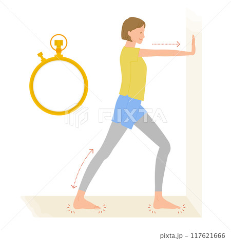 足のむくみ解消：ふくらはぎの壁押しストレッチイメージイラスト 117621666