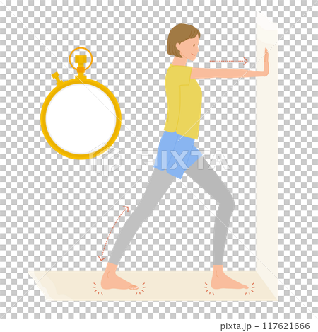 足のむくみ解消：ふくらはぎの壁押しストレッチイメージイラスト 117621666