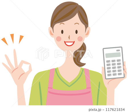 電卓を持つ主婦のイラスト　okサインする女性 117621834