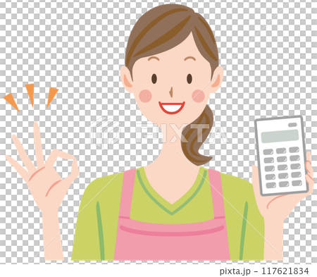 家庭主婦拿著計算器，女人簽名“OK”的插圖 117621834
