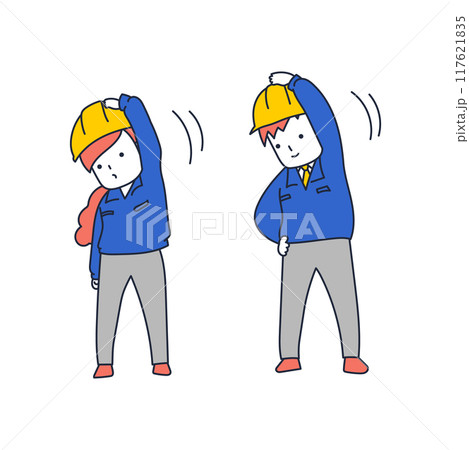 怪我の防止に朝礼でラジオ体操をするヘルメットを被った作業員達 怪我の防止に朝礼でラジオ体操をするヘルメットを被った作業員達 117621835