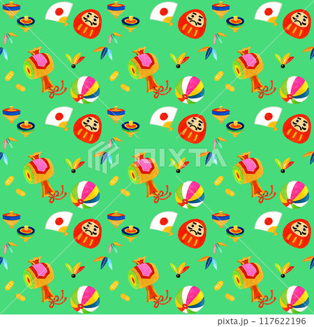 かわいい正月モチーフのパターン 手描き水彩イラスト かわいい正月モチーフのパターン 手描き水彩イラスト 117622196