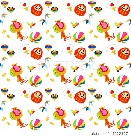 かわいい正月モチーフのパターン　手描き水彩イラスト 117622197