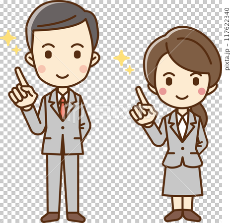 Illustration of a man and woman in a business suit pointing their index finger Illustration of a man and woman in a business suit pointing their index finger 117622340