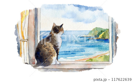 窓から海を眺める猫のイラスト 窓から海を眺める猫のイラスト 117622639