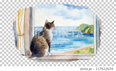 窓から海を眺める猫のイラスト 窓から海を眺める猫のイラスト 117622639