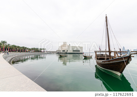 Traditional Dhow boats behind Museum of Islamic Art, Doha, Qatar Traditional Dhow boats behind Museum of Islamic Art, Doha, Qatar 117622691