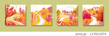 Set of Paths in the summer park. Hand drawn. Autumn trees with foliage. Fields on the hills, White houses with a tiled roof. Print on postcards, covers or wallpaper. Vector 117622874