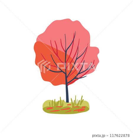 Hand drawn tree with coral and red leaves and grass. Simple design. Flat vector illustration. Icon plant Hand drawn tree with coral and red leaves and grass. Simple design. Flat vector illustration. Icon plant 117622878