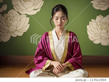 寺院で和服を着て座禅をしている女性 117622904