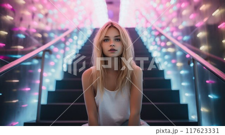 Woman sit at stairs with light garland. Pretty girl model. Attractive blonde person. AI generated 117623331
