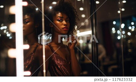 Beautiful girl in front of make-up mirror. African american Actress and model in dressing room. Woman in evening dress preparing for performance. AI Generated 117623332