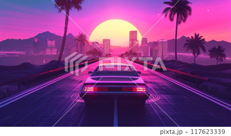 Vaporwave car, holographic 80s sun and sky. Retro violet cyberpunk palm. Pink summer glow drive. Nature shine landscape poster. Retrowave neon miami with tropical gradient road 117623339