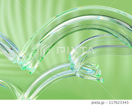 Abstract 3d green background with liquid glass transparent wave ribbons and nature palm leaf shadow. Render fluid flow curve shapes with dispersion light, holographic gradient texture. 3D illustration 117623343