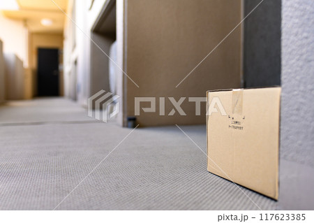 置き配の段ボール　配達されたダンボールの荷物　家の前　マンションの玄関　外廊下 117623385