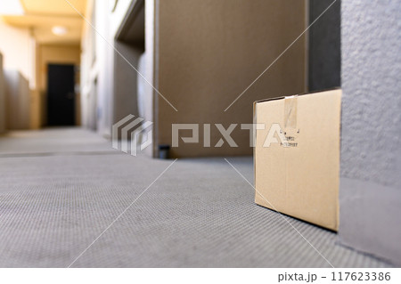 置き配の段ボール　配達されたダンボールの荷物　家の前　マンションの玄関　外廊下 117623386