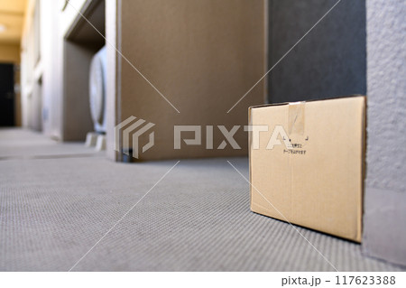 置き配の段ボール　配達されたダンボールの荷物　家の前　マンションの玄関　外廊下 117623388
