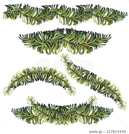 Green fir branches for Christmas wreaths, borders and frames. Set of watercolor botanical illustrations of a Christmas tree isolated on a white background. Branch templates of different configurations 117623430
