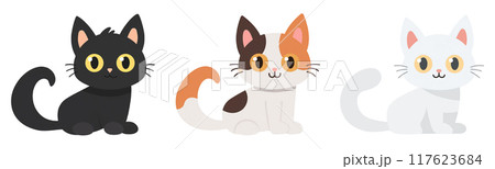 黒猫、三毛猫、白猫のイラストセット素材 117623684