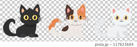 黒猫、三毛猫、白猫のイラストセット素材 117623684