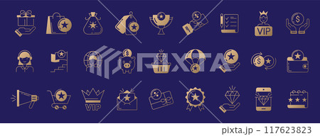 Exclusive benefit golden line icons with reward symbol, vip client card and sale coupon 117623823