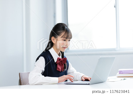 タブレットで勉強する女子中学生　 117623841