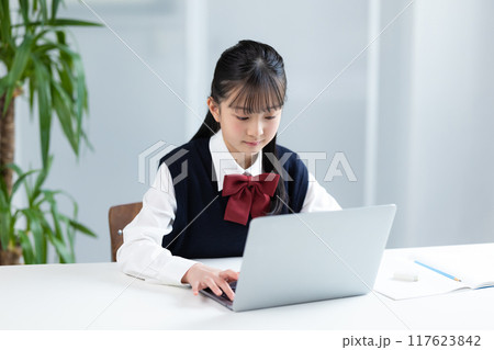 タブレットで勉強する女子中学生 タブレットで勉強する女子中学生 117623842