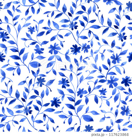 seamless watercolor pattern with an ornament of small blue flowers. 117623868