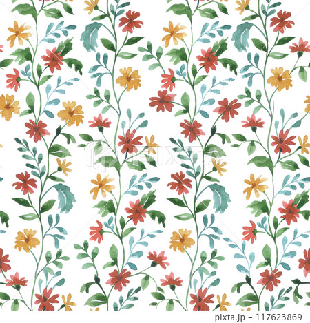 seamless watercolor pattern with an ornament of small wildflowers. seamless watercolor pattern with an ornament of small wildflowers. 117623869