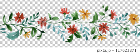 seamless watercolor border with a pattern of small wildflowers. seamless watercolor border with a pattern of small wildflowers. 117623871