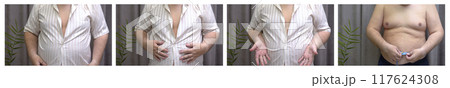 A man shows a shirt that does not fit over his stomach - the concept of overweight and obesity. A set of images. 117624308