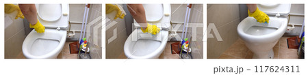 Cleaning the toilet bowl in the restroom. Housekeeping. Close-up. 117624311