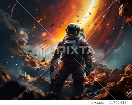 Generative ai illustration of  a Astronaut floating on galaxy planets 117624354