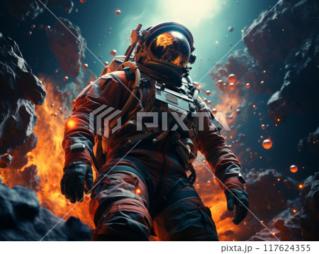 Generative ai illustration of  a Astronaut floating on galaxy planets 117624355