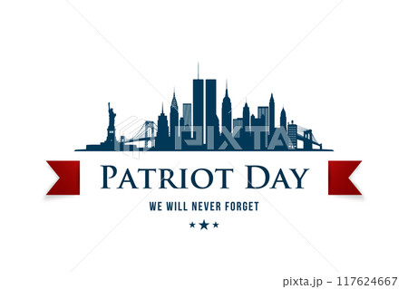 New York skyline with Patriot Day ribbon and remembrance text 117624667
