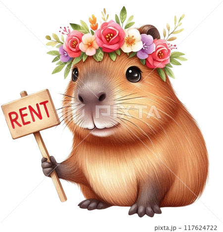 Cute Capybara holding a for rent sign 117624722