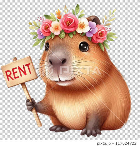 Cute Capybara holding a for rent sign 117624722