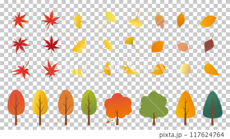もみじやイチョウなど秋の葉っぱのベクターイラストセット 117624764