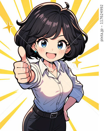 親指を立てる女性の漫画イラスト 117624992