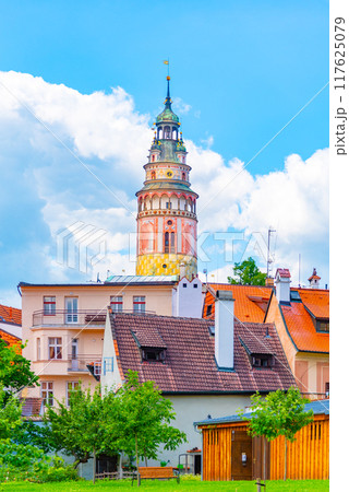 Colorful and ornamental Tower of Cesky Krumlov Castle. Cesky Krumlov, Czech Republic. 117625079